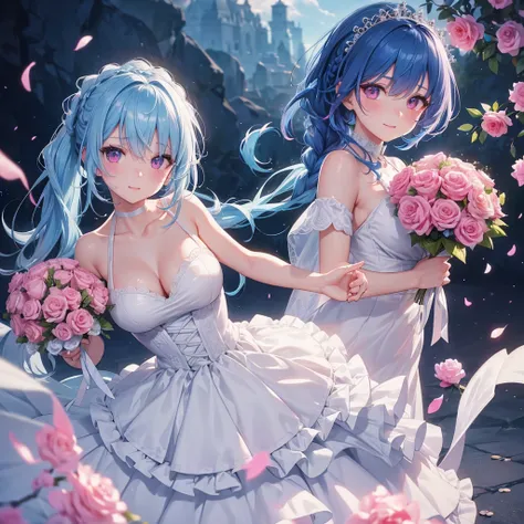 Sky blue hair, (Braided Ponytail),(Pink Eyes),Fair skin ,(whole body),(One girl),bride,A big smile,Straight bangs, 6月のbride,Wedding dress,(masterpiece, Highest quality, Very detailed, Best Shadow), (Detailed Background), (Beautifully detailed face), High C...