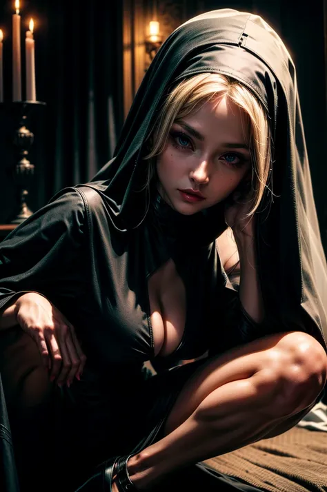 nun, perfect face, smooth skin, blonde long hair, long legs, cleavage, cinematic lighting, only candles, night, dark atmosphere, seductive, slutty look, black choker, high heels, perfect anatomy, focus, detailed, high definition, close up, velvet