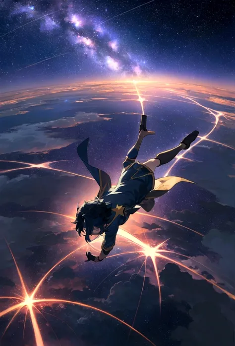 Scene of a beautiful boy flying through a beautiful starry night sky,anime art wallpaper 4k, anime art wallpaper 4k, Anime Art Wallpapers 8K, anime wallpaper 4k, anime wallpaper 4k, 4k anime wallpaper,The night view below