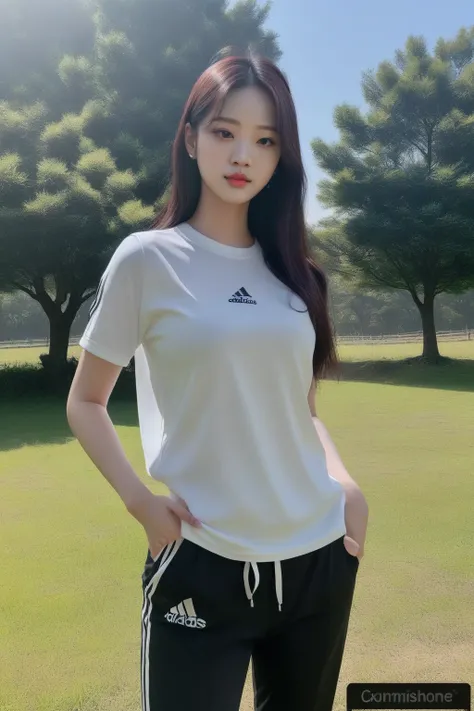 a woman standing in a field wearing a white shirt and black pants, wearing adidas clothes, suzy, wearing a volleyball shirt, jen...