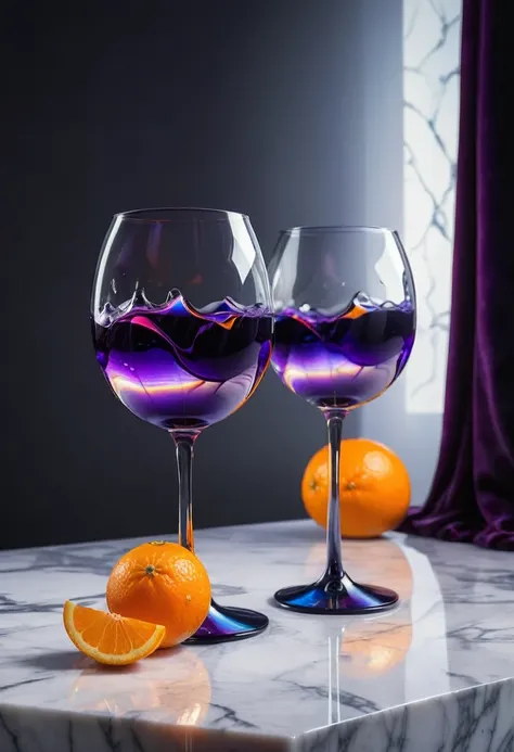 surreal glass shape, liquid glass, chromatic aberration, broken prism, refraction, light caustics, smokey background, detailed illustration , oranges on a white marble table, deep purple velvet drapes, 8k, photography style,2 glasses with orange biolumines...