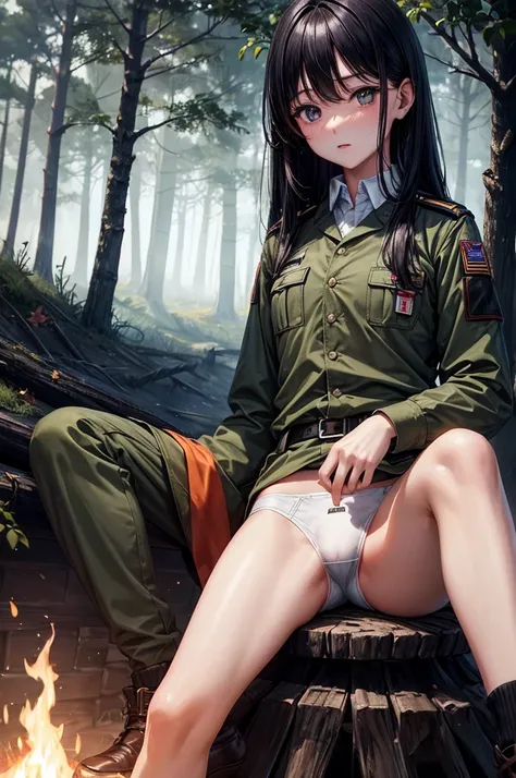 Best image quality, forest, Bonfire, midnight, uniform, army, ""White underwear"", stand, Spread your legs, Rainfall, Black Hair, ""woman"",