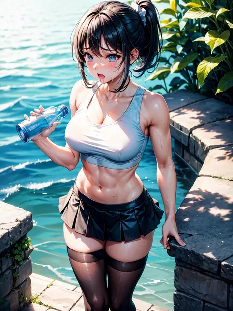 Highest Resolution,Highest quality,Beautiful girl in a tank top drinking water from a plastic bottle,mini skirt,Knee-high stockings,Abdominal muscles,Belly button,Standing posture,Tears,Open your mouth and drool,whole body,front,Sweat profusely,Very beauti...