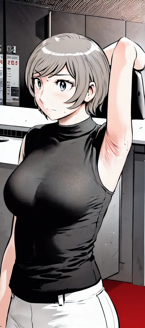 (short hair:1.2),Sleeveless、Black Shirt, turtleneck,White trousers、uniform、Black belt、((People illustrations))、Big Breasts、
View your audience,, (Highest quality:1.3),One Girl, White pants、uniform、blue eyes、Tight black shirt、(masterpiece、Highest quality)、H...