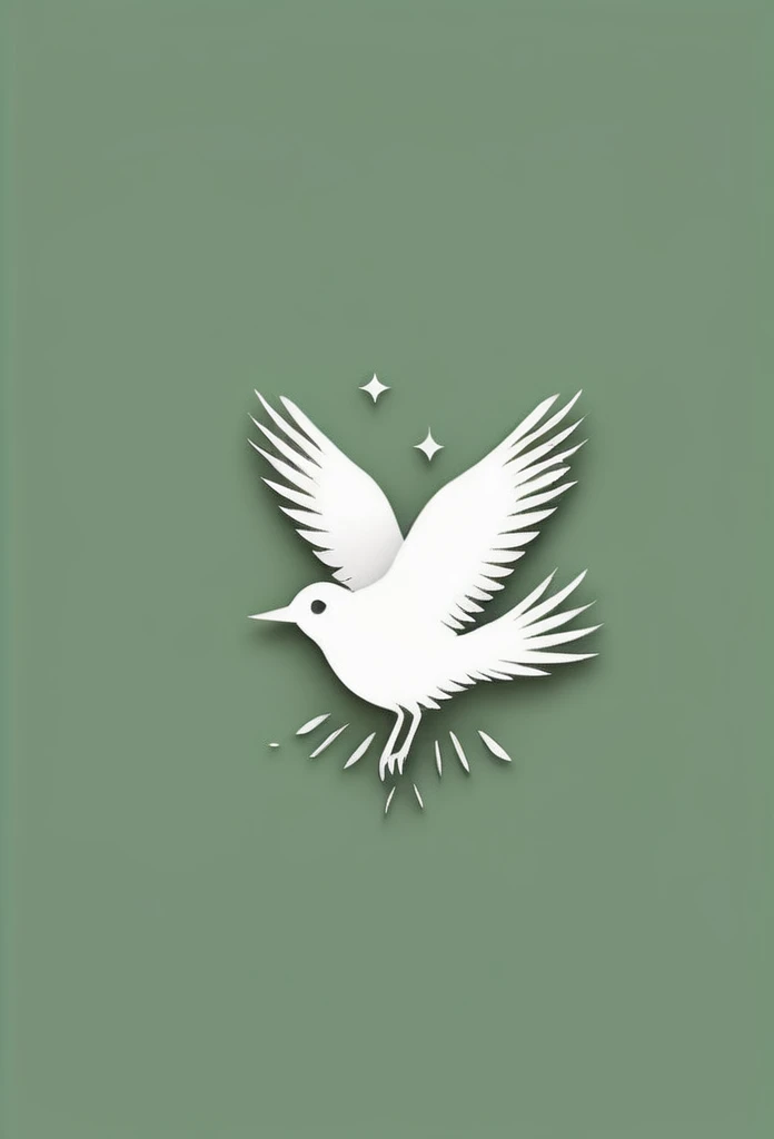 The company logo color is moss green, a lush forest、nature、forest、Healing、peace of mind、A logo of small birds flapping their wings. A very cool design. Chic and modern design. Monotone background is pure white.