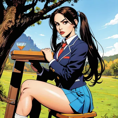 ((best quality), (hyper realistic), mh-yk, 1 girl, alone, black hair, brown eyes, long hair, wearing private university uniform, blue blazer style with buttons, tie and tight skirt followed by knee socks, , big, , twintails, plein-air, hair rings, looking ...