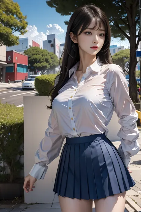 (best quality, 4k, Masterpiece, Ultra detailed, hyperrealism, RAW quality), Korean  - Japanese beauty, short blue pleated skirt, white transparent buttoned blouse, standing in profile to the viewer with her leg slightly bent, carrying a portfolio black lea...