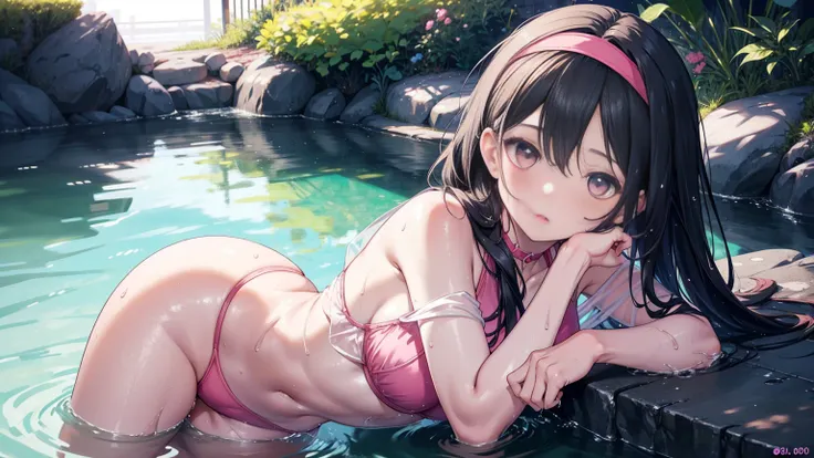 Loli anime girl in pink wet clothes, Realistic shadows, Delicate skin, The breasts are very small, Black Hair, Headband, Very detailed, 8k highly detailed face, Perfect face shape, Perfect lips, Perfect nose, Correction of beautiful eyes, Viewers, masterpi...