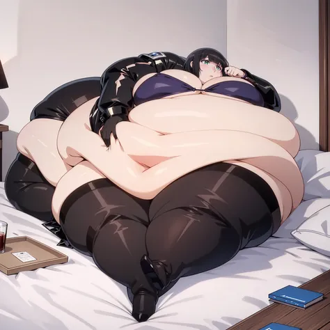 A very obese big girl, ((blob)), short blue hair, black bikini, black stockings, perfect body, in a room lying on a bed, very fat limbs, a big fat belly, very big breasts, very big butt