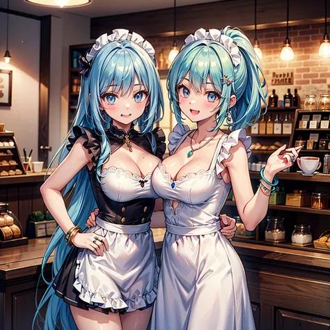 Anime Moe Art Style,Highest quality,High resolution,Anatomically correct,One Girl,Mid-teens,Girl with light blue hair in a ponytail,Very detailed,Fantasy World,Big Breasts,Shiny skin,Beautiful Skin,A rich expression,Laughing with your mouth open,coffee sho...