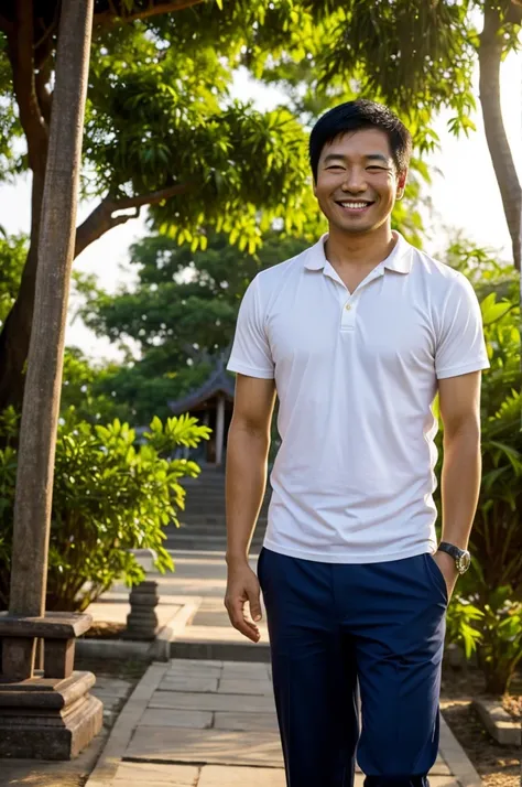 The photo shows a cheerful Asian man around 38 years old with a genuine smile.   He had dark hair. He had short hair. This man was dressed casually.  with a shirt   He appears to be in a Thai temple with some kind of tree visible in the foreground.   His w...