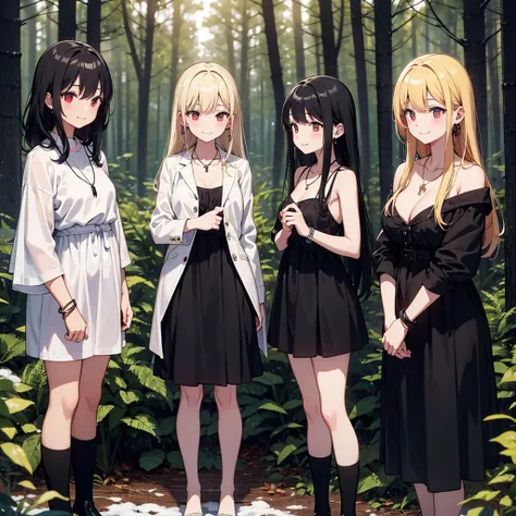 a group of beautiful witch girls in the middle of a forest in the night,snowy forest, snow,  black clothes, black and red clothes, necklaces, girls standing,short skirt, sexy, light dress, transparent dress, girls standing in the middle of the forest , bra...