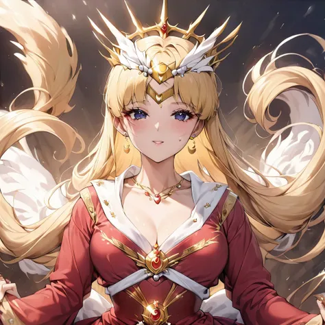 ((Highest quality)), ((masterpiece)), (detailed), （Perfect Face）、The woman is Empress Tsukino Usagi, wearing a gorgeous and glittering red Hanfu, luxurious jeweled accessories, and a Phoenix crown, with her long blonde hair tied in a chignon.