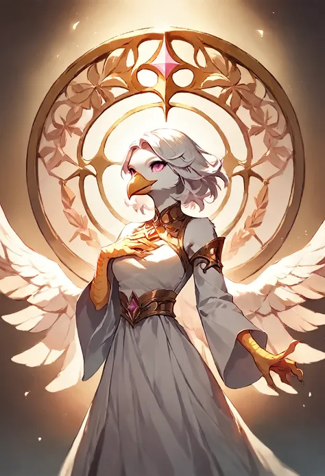 score_9, score_8_up, score_7_up, score_6_up, score_5_up, score_4_up, (solo), female anthro white feathered avian, white hair, solo, heavenly, medium length hair, white dress, angelic, pink eyes, kind pose, hand on chest