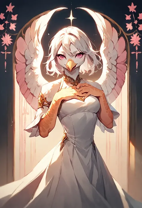 score_9, score_8_up, score_7_up, score_6_up, score_5_up, score_4_up, (solo), female anthro white feathered avian, white hair, solo, heavenly, medium length hair, white dress, angelic, pink eyes, kind pose, hand on chest