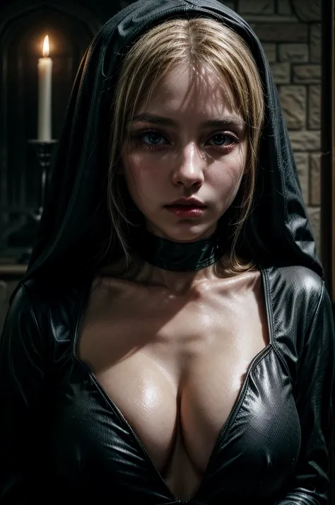 nun, perfect face, smooth skin, blonde long hair, cleavage, cinematic lighting, only candles, seductive, slutty look, black choker, perfect anatomy, focus, detailed, high definition, close up, squinted eyes