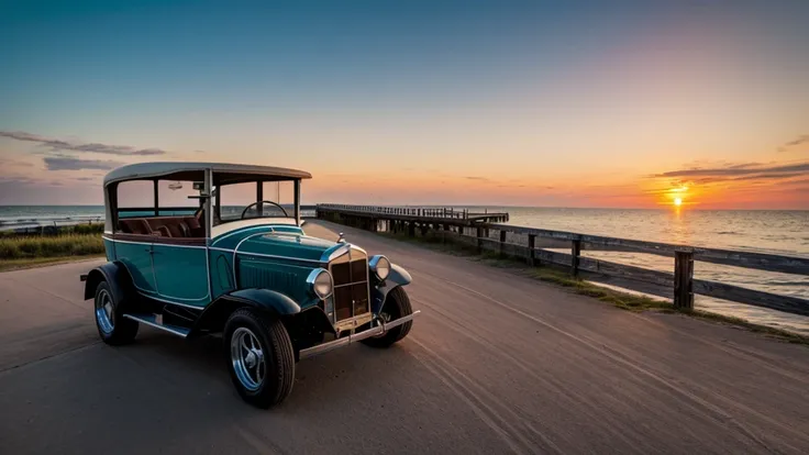 Old school car ; boardwalk ; sunset 