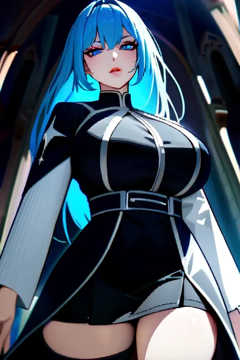 Create a woman with long blue hair, she wears a white and dark uniform, She has big breasts and thighs too, and blue eyes