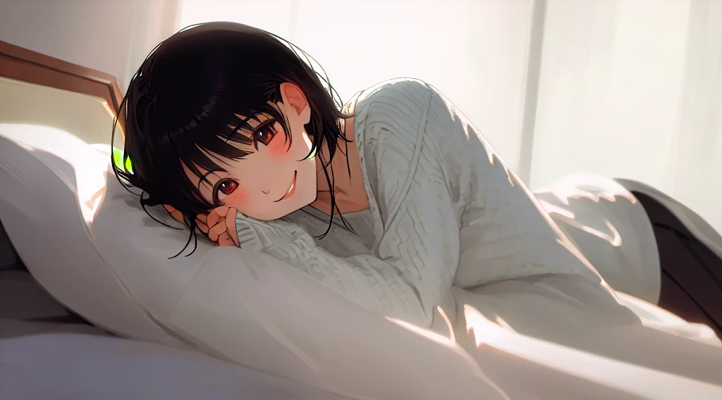 beautiful girl、Black knit、On the bed、Eye highlightasterpiece、high resolution、smile、Black Hair