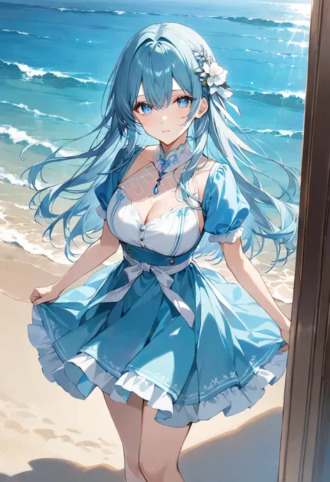 masterpiece, best quality, ultra detailed, sparkling eyes, The image depicts an anime-style character with long, flowing turquoise hair adorned with hair accessory featuring small white flowers. The character has large, expressive blue eyes and wears a dre...