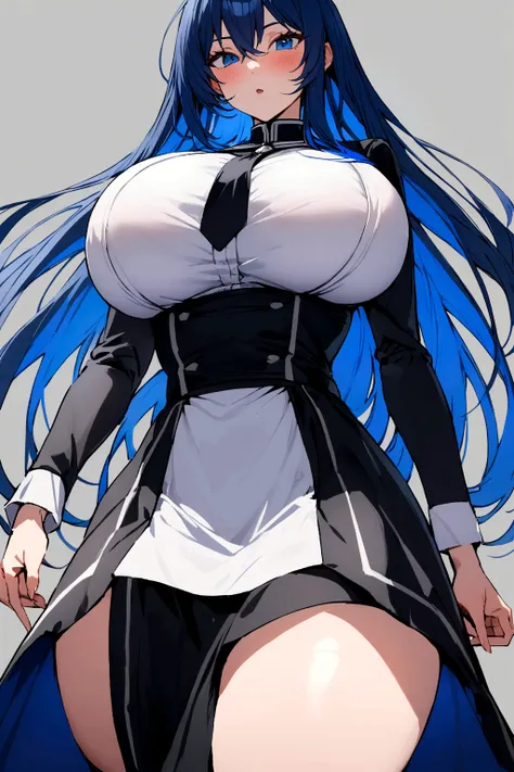 Create a woman with long blue hair, she wears a white and dark uniform, She has big breasts and thighs too, and blue eyes dark blue hair 