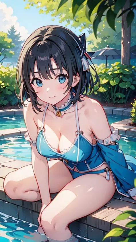 (((masterpiece))),(((High resolution)))、(((perfect face)))、(((Takao Kancolle)))、25 years old、(((beautiful face)))、(((tube top))), big tits、((top quality eyes)), detailed texture, ((high resolution face)), erotic smile, at the pool, short hair
