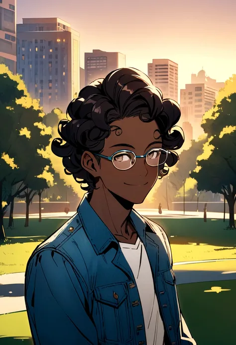 smiling man, with denim jacket and white blouse, brown skin, frizzy curly black hair, wearing glasses, no beard with a park in the background