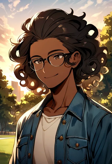 smiling man, with denim jacket and white blouse, brown skin, frizzy curly black hair, wearing glasses, no beard with a park in the background