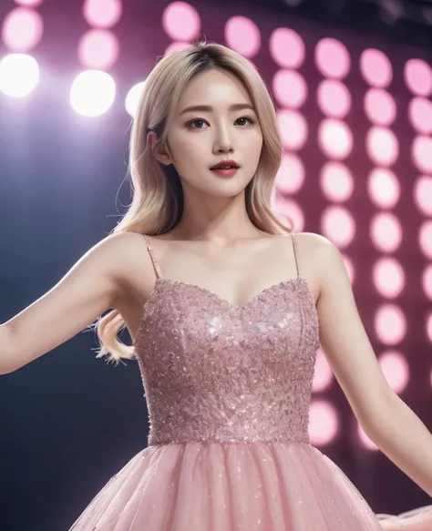 a beautiful korean woman, blonde hair, pale skin, wearing a pink glittery dress, standing on a stage taking a selfie, gorgeous, (best quality,4k,8k,highres,masterpiece:1.2),ultra-detailed,(realistic,photorealistic,photo-realistic:1.37), dramatic lighting, ...