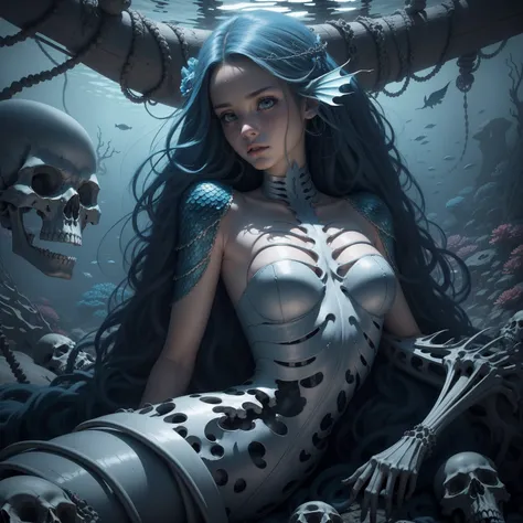 {-erro_de_anatomia:1.0}  woman 30 years old, underwater, skeleton, corpse,Under the sea, where coral tendrils and vines abound, a woman (mermaid), long blue hair (blue hair) looks at you amidst a pile of bones and skulls.Indifferent look , merciless. Lying...