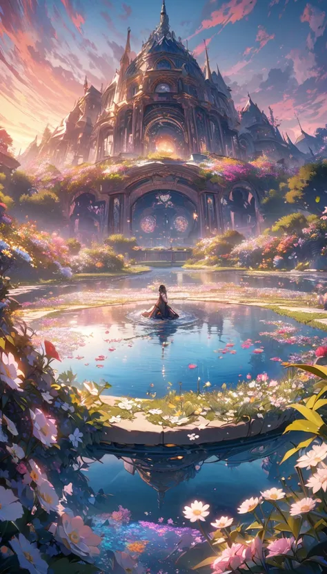 masterpiece, best quality, Extremely detailed CG unity 8k wallpaper, Magic pond at dusk, Meticulous attention to detail, light, high resolution, Flowers in bloom，（（（Spring morning）））
.Ultra wide angle（（（masterpiece）））, （（best quality））,（（Intricate details）...