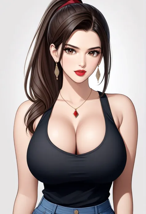 Kriti sanon wearing a beautiful ,photorealistic,  best quality, masterpiece, realistic, highres, absurdres, kr1t1 , ((vector)),Beautiful symmetric detailed eyes. Big breast, fit body., necklace , makeup, red lipstick ,hair ponytail,tank top,pants, cleavage...