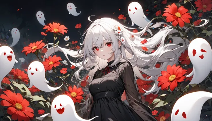 Highest quality，Ghost in the flower，White Hair,Black dress,Red eyes