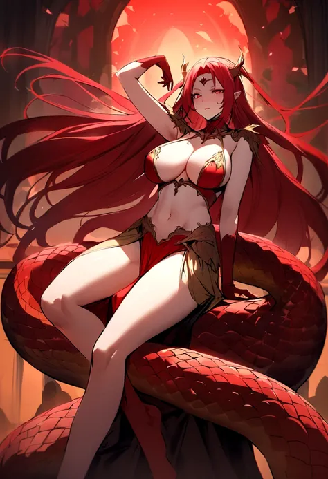 Create a Gorgon with red hair and big breasts her cause is red and long, your face is beautiful and angelic, his legs are replaced by a long red snake tail 