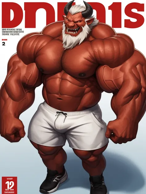 Magazine cover. solo, 1boy, perfect anatomy,devil, drone view, red skin, high shoot, up view, perfect proportion, laugh, sharp eyes, big eyes, angry, devil eyes, horn, devil tail, mad,, perfect fingers, big hand, fingers. Huge Muscular Old man with short h...