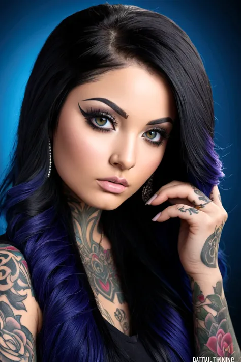 Create a hyper detailed photograph of a tattooed young sexy snow tha product, Stunningly perfect gorgeous face, perfect makeup, detailed vibrant eyes, long hair,