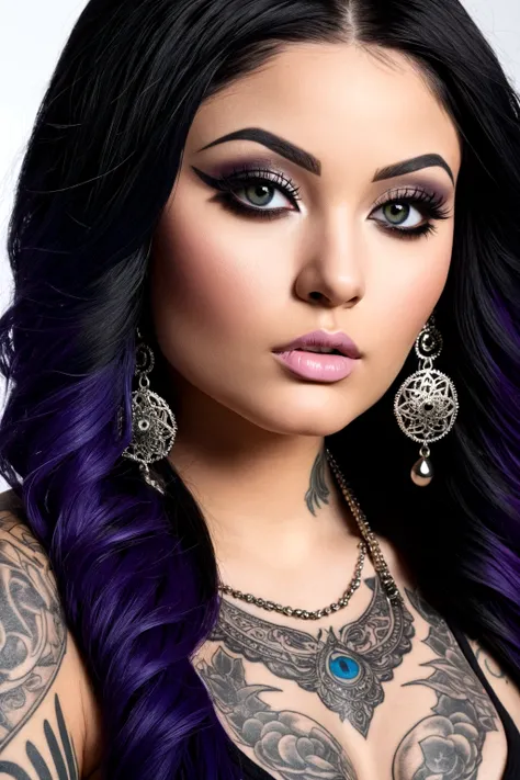 Create a hyper detailed photograph of a tattooed young sexy snow tha product, Stunningly perfect gorgeous face, perfect makeup, detailed vibrant eyes, long hair,