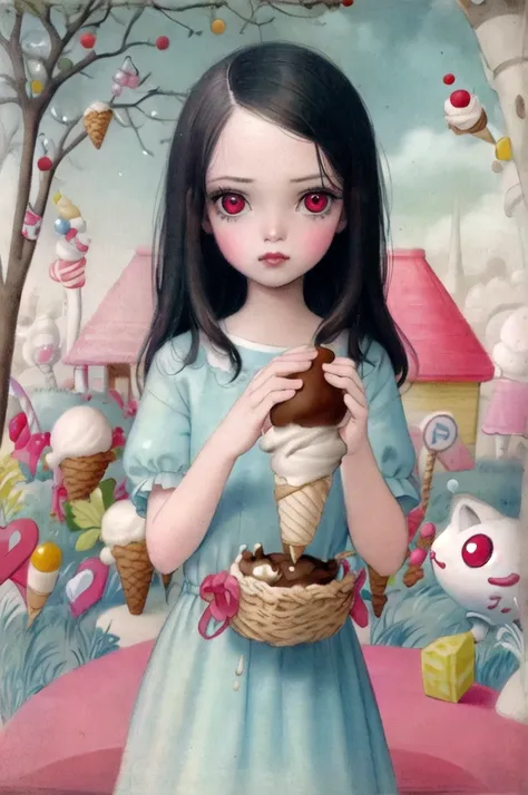 ((masterpiece)), (best quality), official art, in style of Nicoletta Ceccoli, 
a girl holding an ice cream cone, 
 cabello rojo con ojos color cafe 