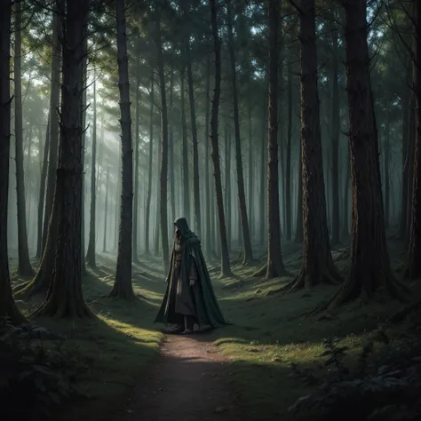 a painting of a man in a cloak walking through a forest, lord of the rings aesthetic, dnd in a dark forest, lothlorien, discovered photo, nazgul, 3 0, lord of the rings concept art, lord of the ring art, beksinkski, nazgul from lord of the rings, makoto si...