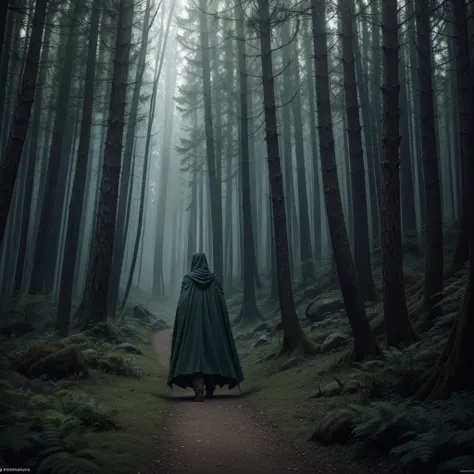 a painting of a man in a cloak walking through a forest, lord of the rings aesthetic, dnd in a dark forest, lothlorien, discovered photo, nazgul, 3 0, lord of the rings concept art, lord of the ring art, beksinkski, nazgul from lord of the rings, makoto si...