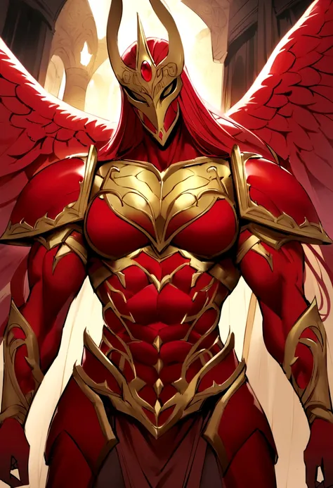 Create a Gorgon with red hair and big breasts her cause is red and long, your face is beautiful and angelic, A golden mask covers his face at the top and his eyes on his helmet, and red armor over his slender, muscular body