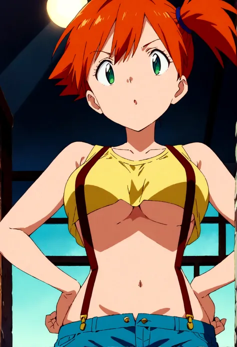 score_9,score_8, score_7_.superior,from below,  (Insects Eye).straight-on,  (mature) , (outcome), One girl, , , Outdoor, Green Eyes, Orange Hair, Side Ponytail, Yellow Shirt, Sleeveless shirt,belly button, Denim shorts, suspenders,  Captivating look, Seduc...