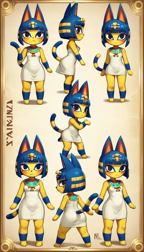 Eye, Animal Crossing Furry, Blue Hair, Hair accessories, 黄skin, 黑Eye, White Dress, Tail, 1girl，Artist Name，Egyptian cat，Blue Hair，skin，Keep your mouth shut，Wear，whole body，solo，Standing，猫Tail，Looking at the audience,Scenes, hero view, Eye, Animal Crossing ...