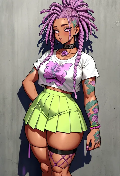 punk afro chubby girl with long freeform braided pastel violet colored locs hairstyle and hairy legs)) (wearing cropped punk T-shirt and pleated skirt with fishnet stockings), plump thighs and soft big jiggly butt, (wearing diamond choker necklace), (canna...