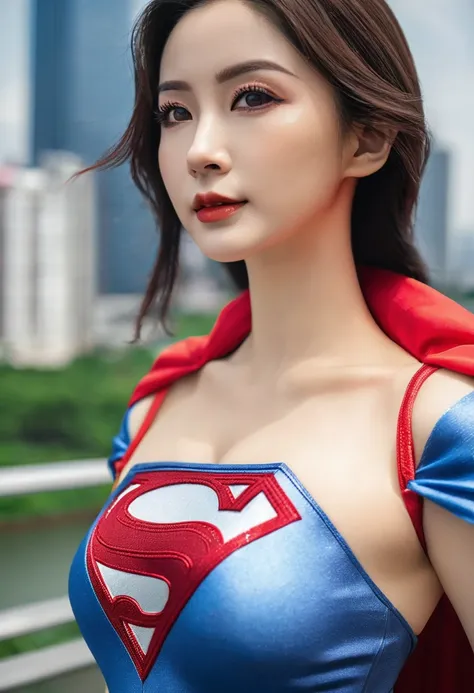 a close up of a asia woman in a superman costume standing on a cityscape, amouranth as a super villain, super photo realistic, realistic cosplay, super photo-realistic, ultra mega super hyper realistic, super-hero girl, super realistic photo, superhero bod...