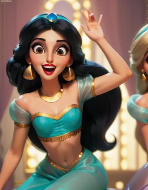 disney style, belle with princess_jasmine laughing together, happy