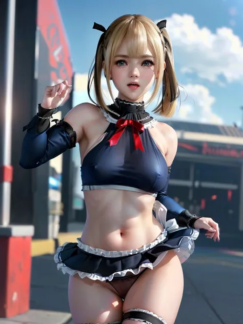 (((((Best Quality, 8K, 32K, masterpiece, 1.2)))),{{solo}},nsfw,{{{Character reference: DOAs Marie Rose:1.5}}},((perfect beautiful face:1.2)),wearing , windy skirt, showing panties, embarrass, see through panties, ((a lot of public hairs:1.3)),