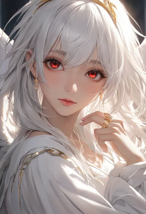 masterpiece , morning , close up , beauty , white hair , red eyes , halo ring angel , 