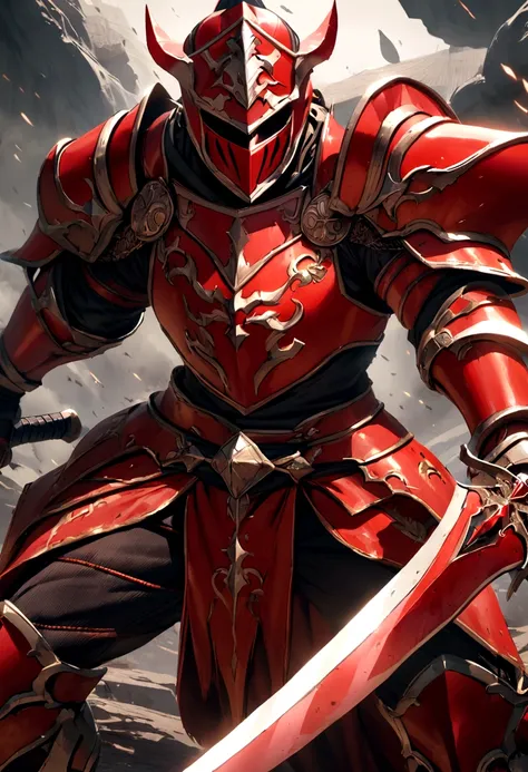 Knight worn from fighting,wearing a helmet with a feather that shines crimson red,While wielding a curved sword and shield, he is ready to unleash a devastating attack on his enemy. 