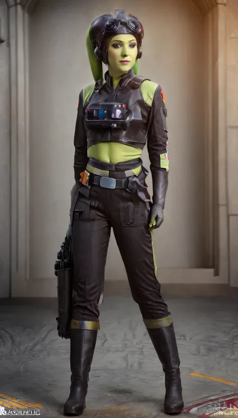 a beautiful sexy , hera syndulla, green skin (detailed realistic,4k,highres,masterpiece:1.2),tie pilot uniform